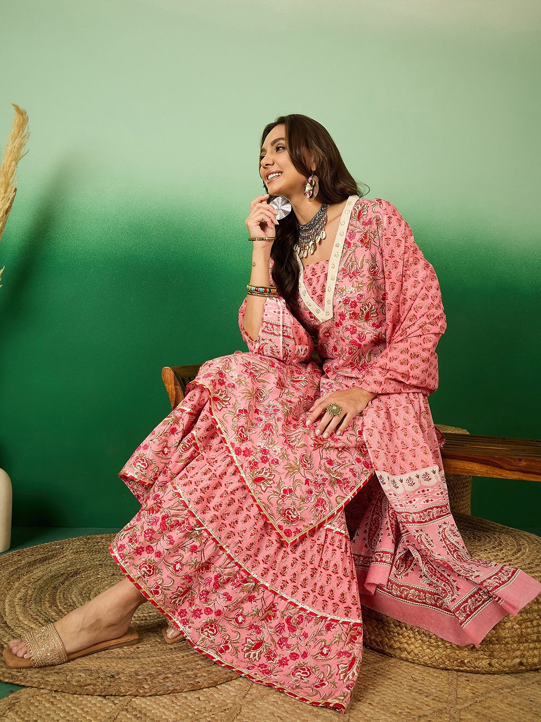 

Sangria Coral Ethnic Motifs Printed Pure Cotton Straight Kurta With Sharara & Dupatta