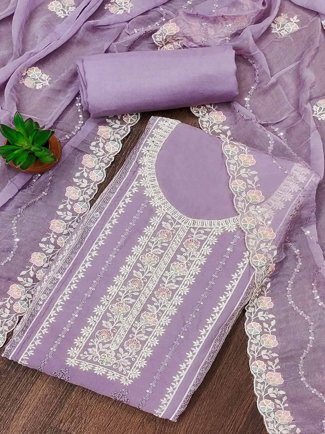 

Peachmode Floral Embroidered Sequinned Organza Unstitched Dress Material, Purple