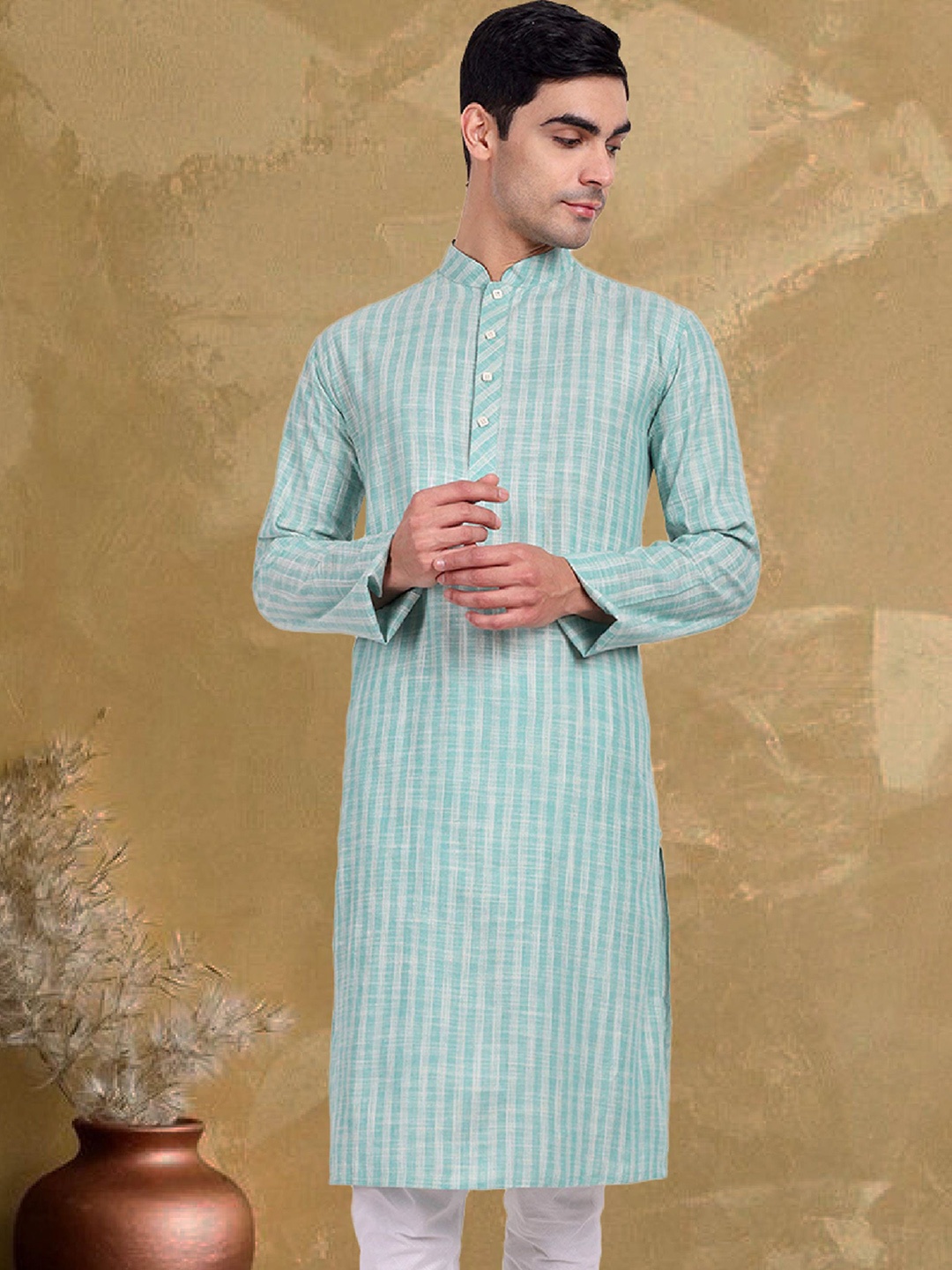 

Tesmare Woven Design Mandarin Collar Long Sleeves Khadi Straight Short Kurta, Turquoise blue