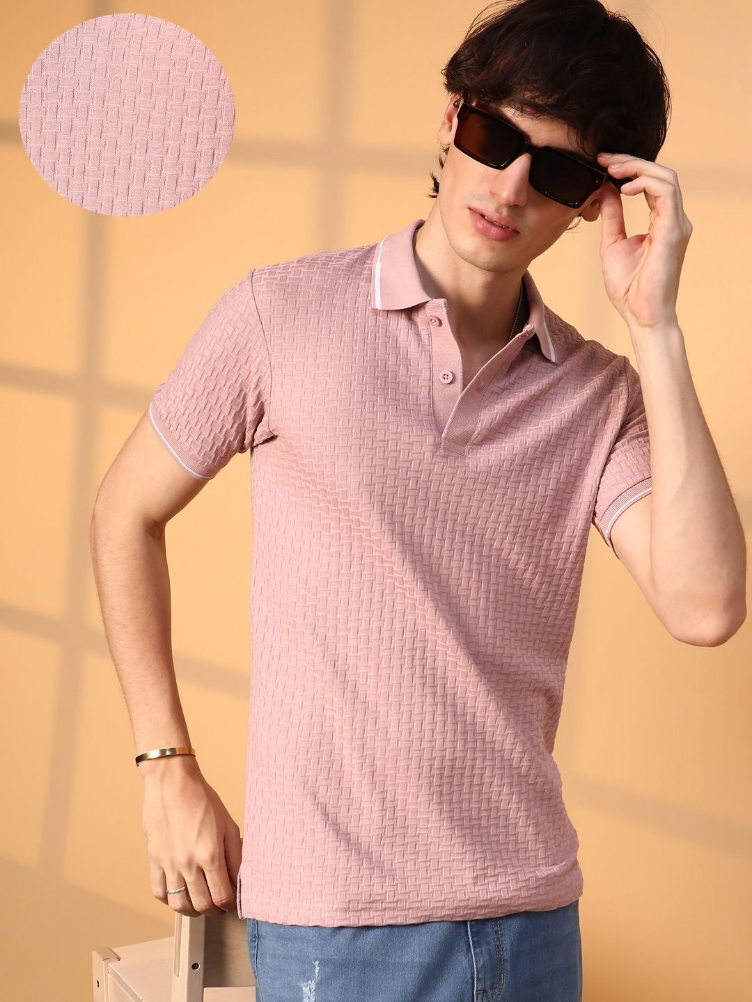 

Campus Sutra Men Self Design Polo Collar Cotton T-Shirt, Pink