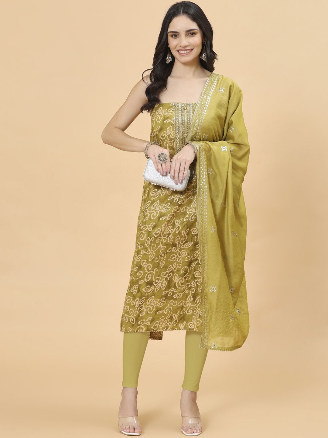 

Meena Bazaar Floral Printed Sequinned Unstitched Dress Material, Green