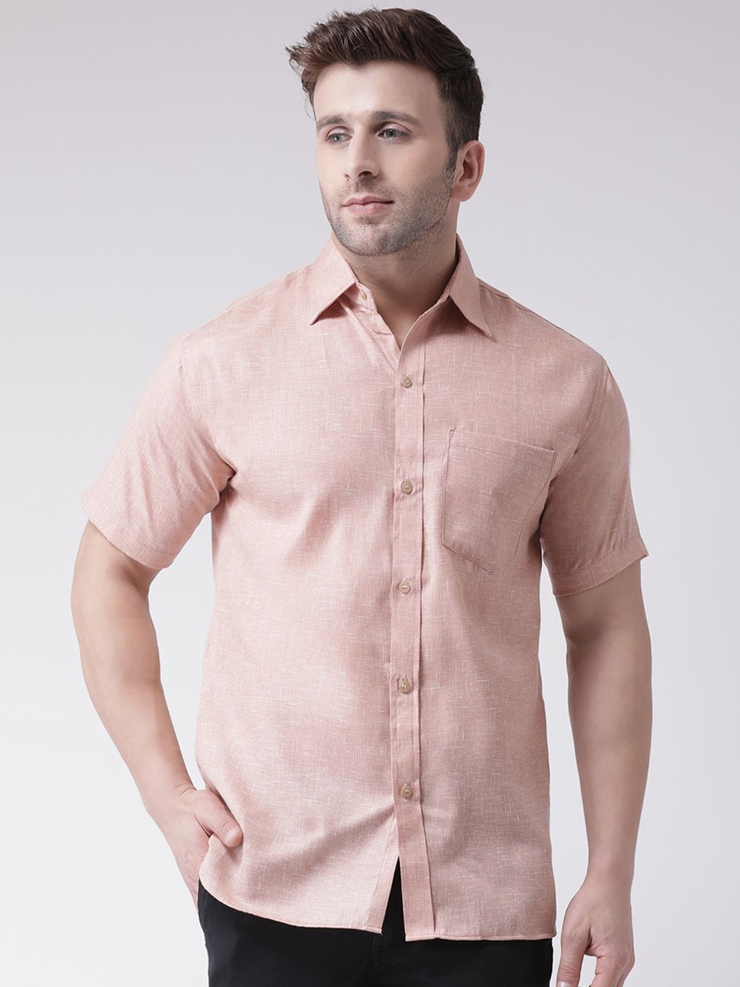 

KLOSET BY RIAG Men Classic Spread Collar Solid Cotton Linen Casual Shirt, Pink