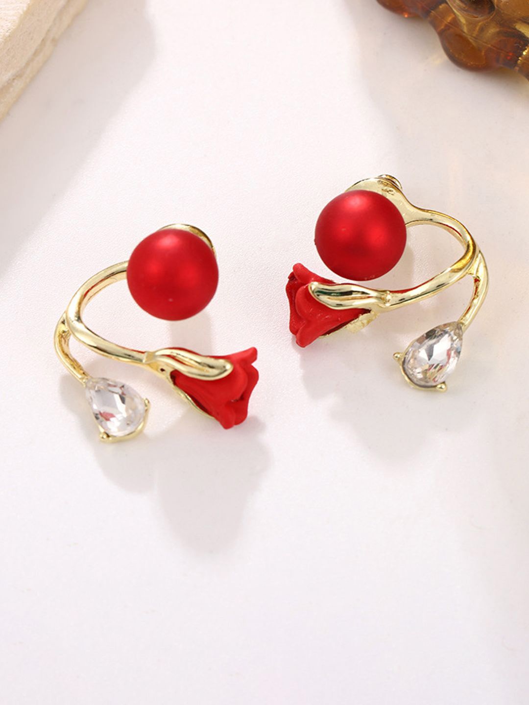 

KRENOZ Stainless Steel Tulip Flower Pearls Beaded Studded Earrings, Red