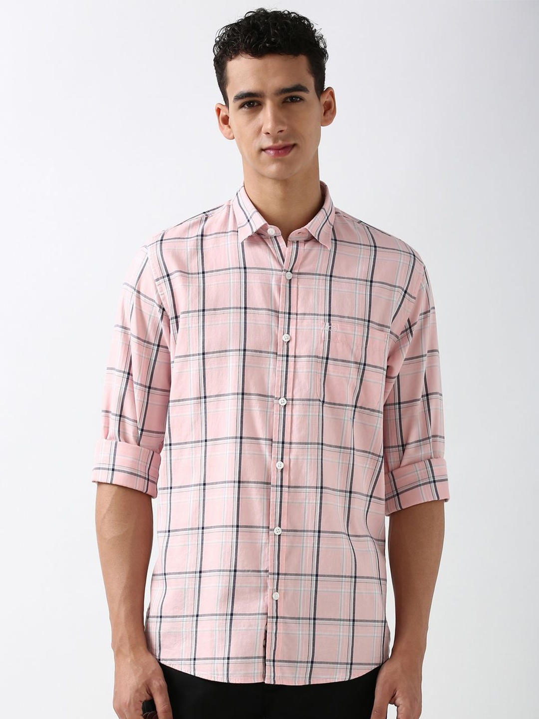 

Peter England Casuals Men Spread Collar Windowpane Checked Cotton Slim Fit Casual Shirt, Pink