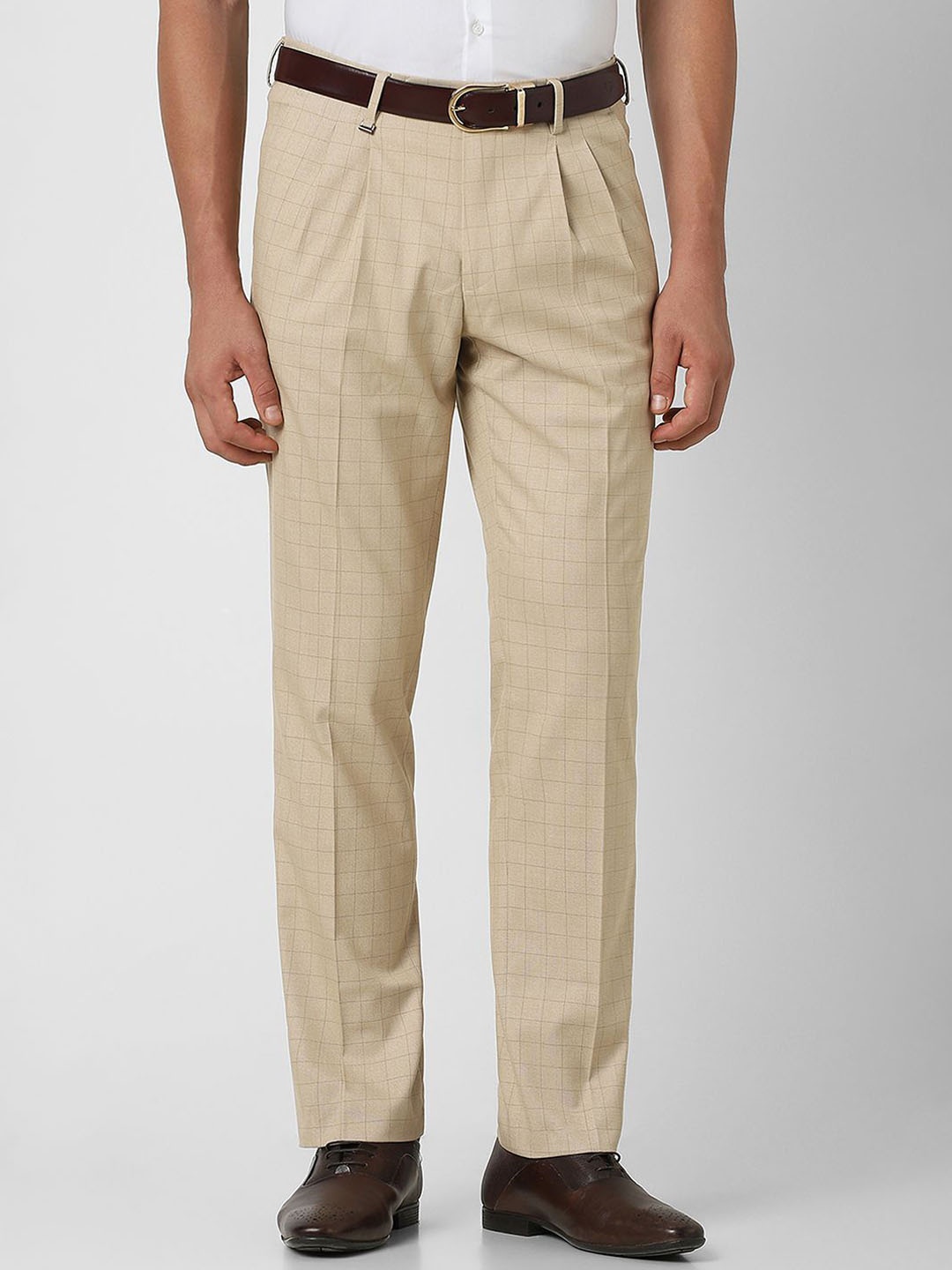 

Van Heusen Men Checked Pleated Trousers, Beige