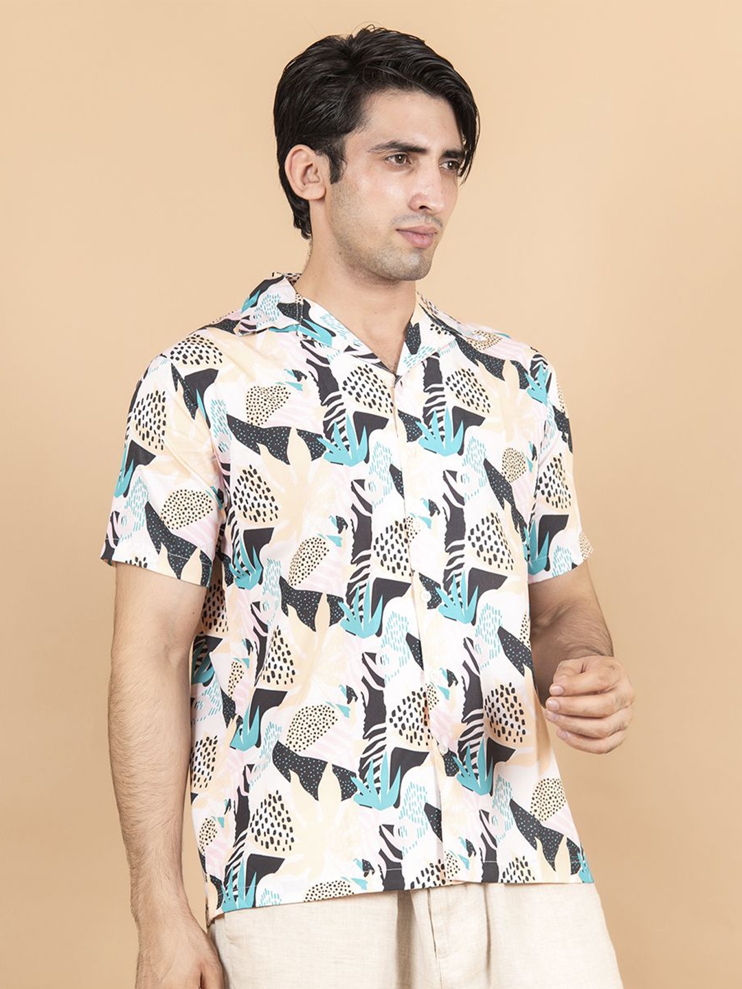 

Tistabene Men Standard Cuban Collar Abstract Printed Cotton Casual Shirt, Beige