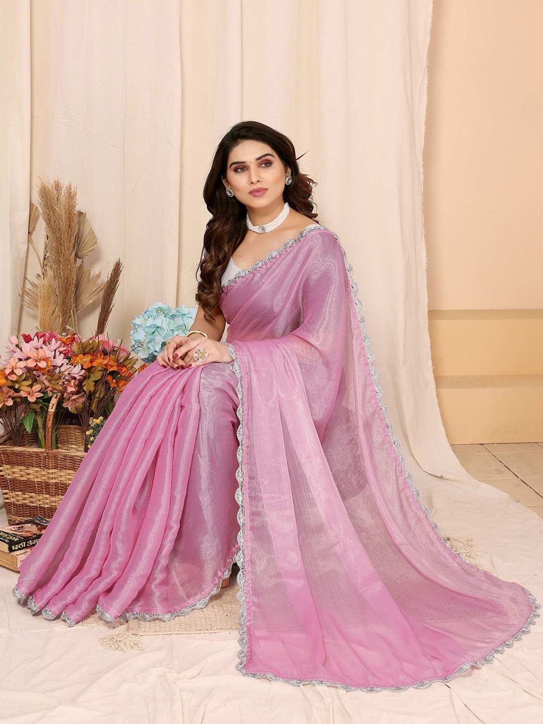 

FABMORA Poly Chiffon Saree, Pink