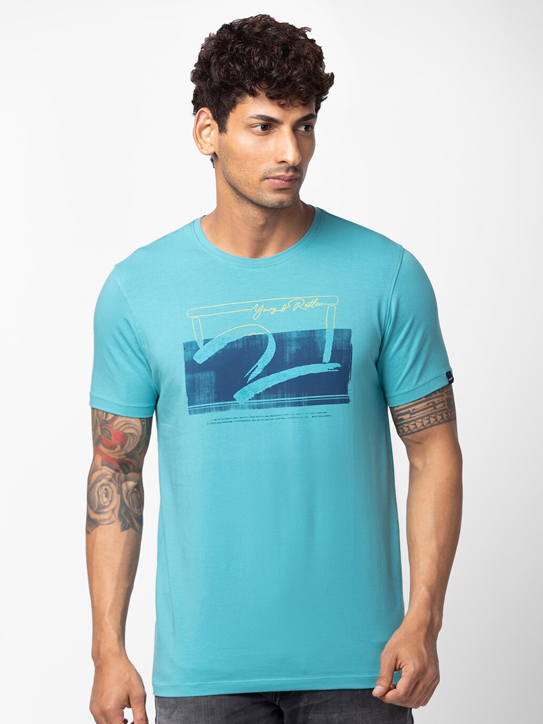 

SPYKAR Men Typography Printed Slim Fit T-shirt, Turquoise blue