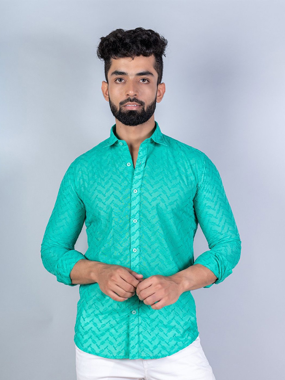 

Tistabene Men Standard Spread Collar Chevron Printed Cotton Casual Shirt, Green