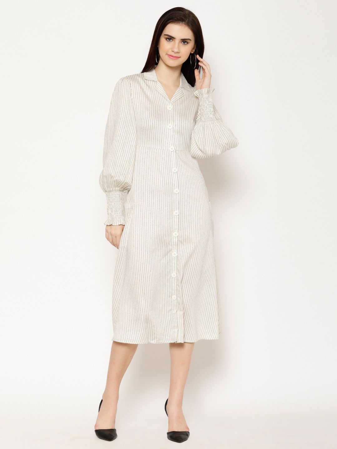 

HOUSE OF KKARMA Puff Sleeve Striped Midi Shirt Dress, Off white