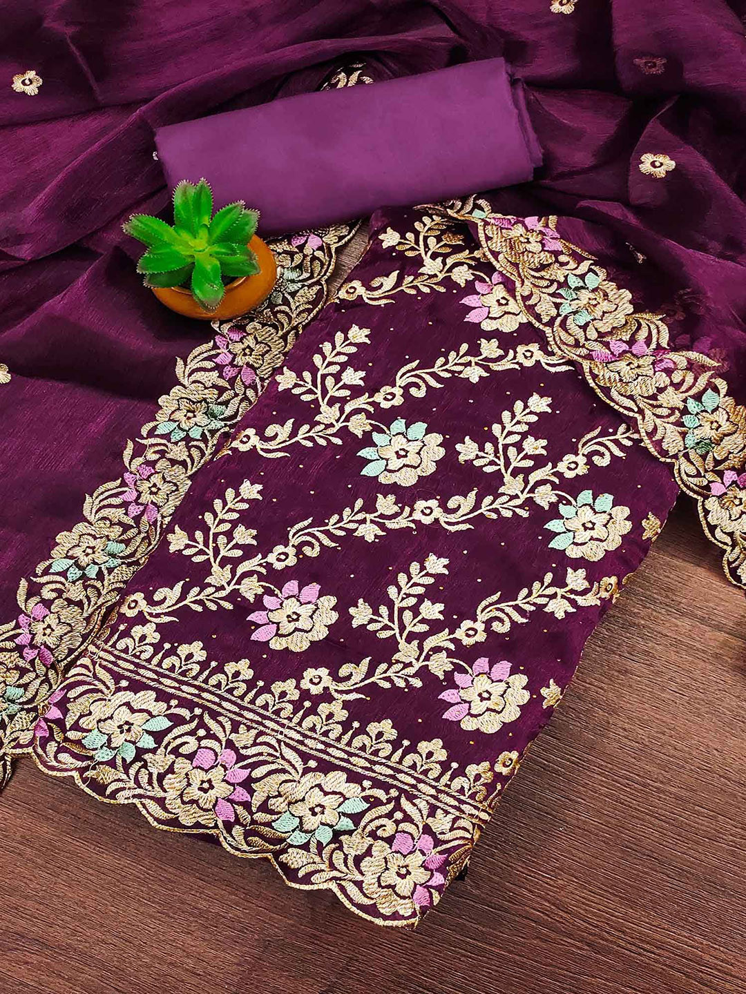 

Peachmode Floral Embroidered Beads and Stones Unstitched Dress Material, Purple