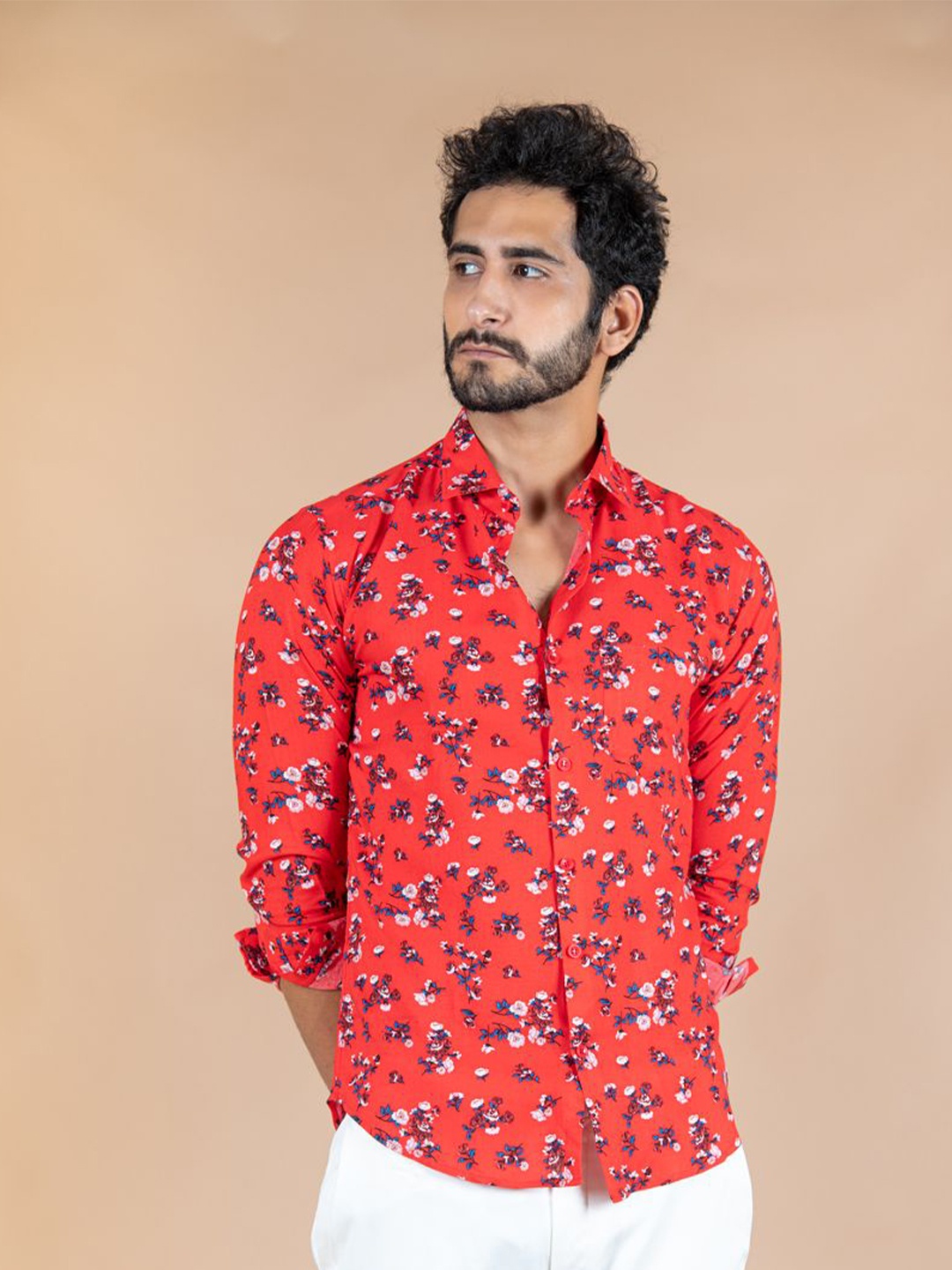 

Tistabene Men Standard Spread Collar Floral Printed Crepe Casual Shirt, Red