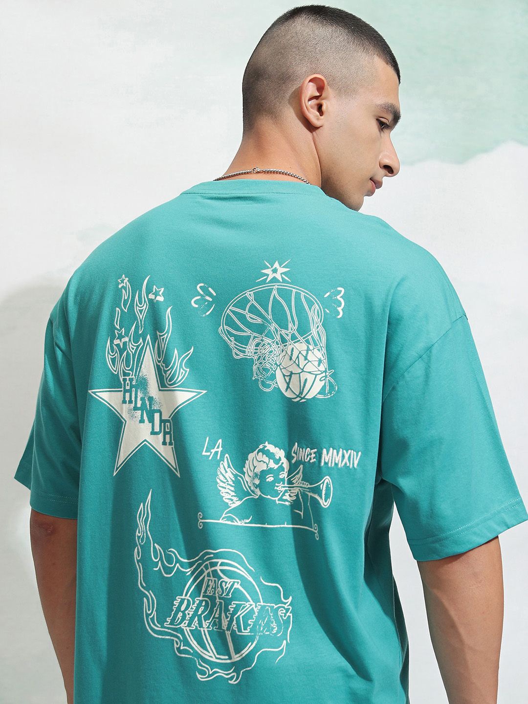 

HIGHLANDER Men Graphic Printed Round Neck Drop-Shoulder Oversized T-shirt, Blue