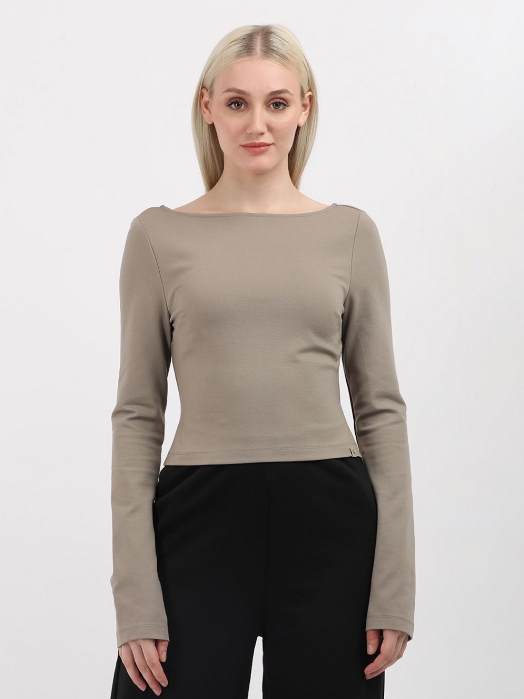 

Calvin Klein Jeans Women Solid Boat Neck Slim Fit T-Shirt, Brown
