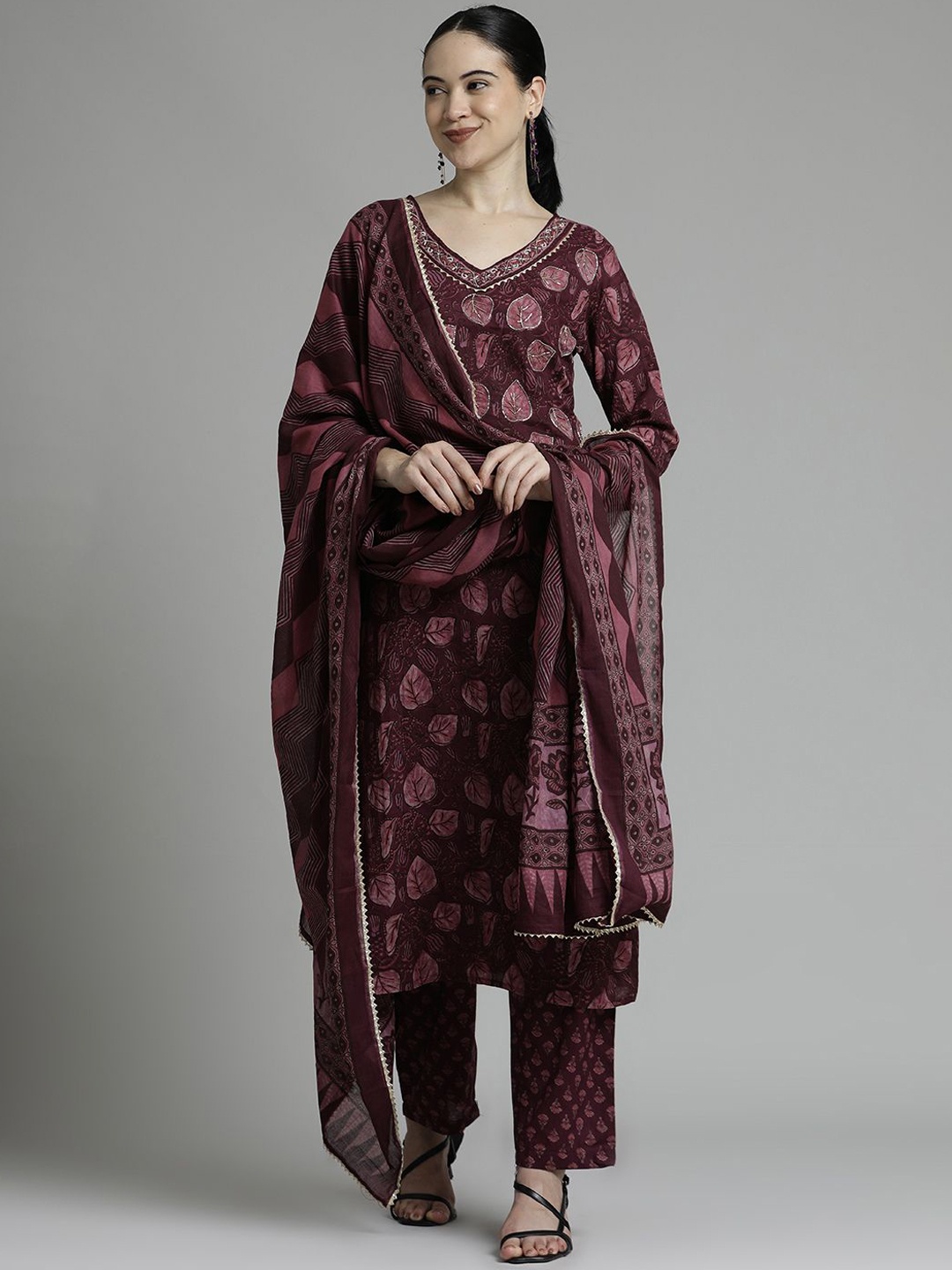 

Jaipur Kurti Burgundy Floral Embroidered Pure Cotton Beads Kurta With Trousers & Dupatta