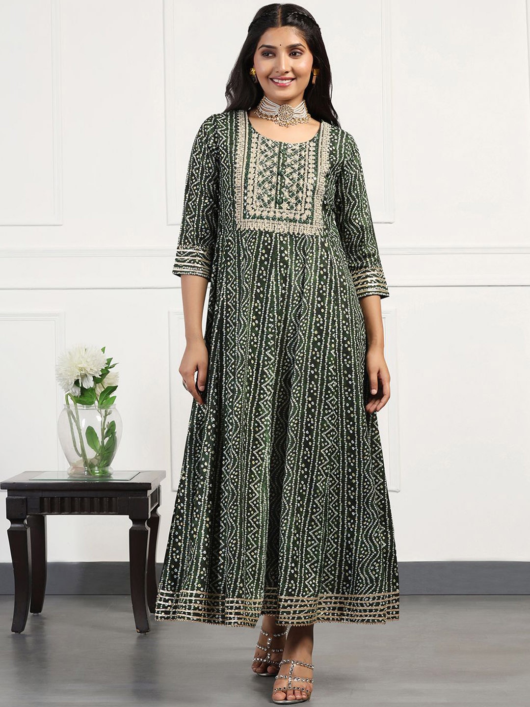 

BAESD Bandhani Printed Round Neck Cotton Anarkali Kurta, Green