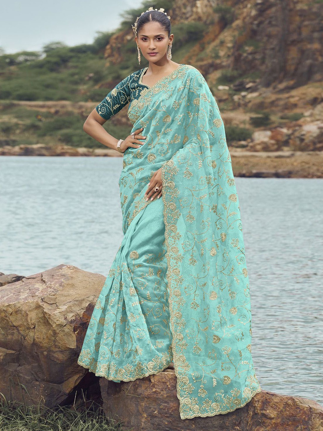 

ODETTE Floral Embroidered Beads and Stones Organza Saree, Blue
