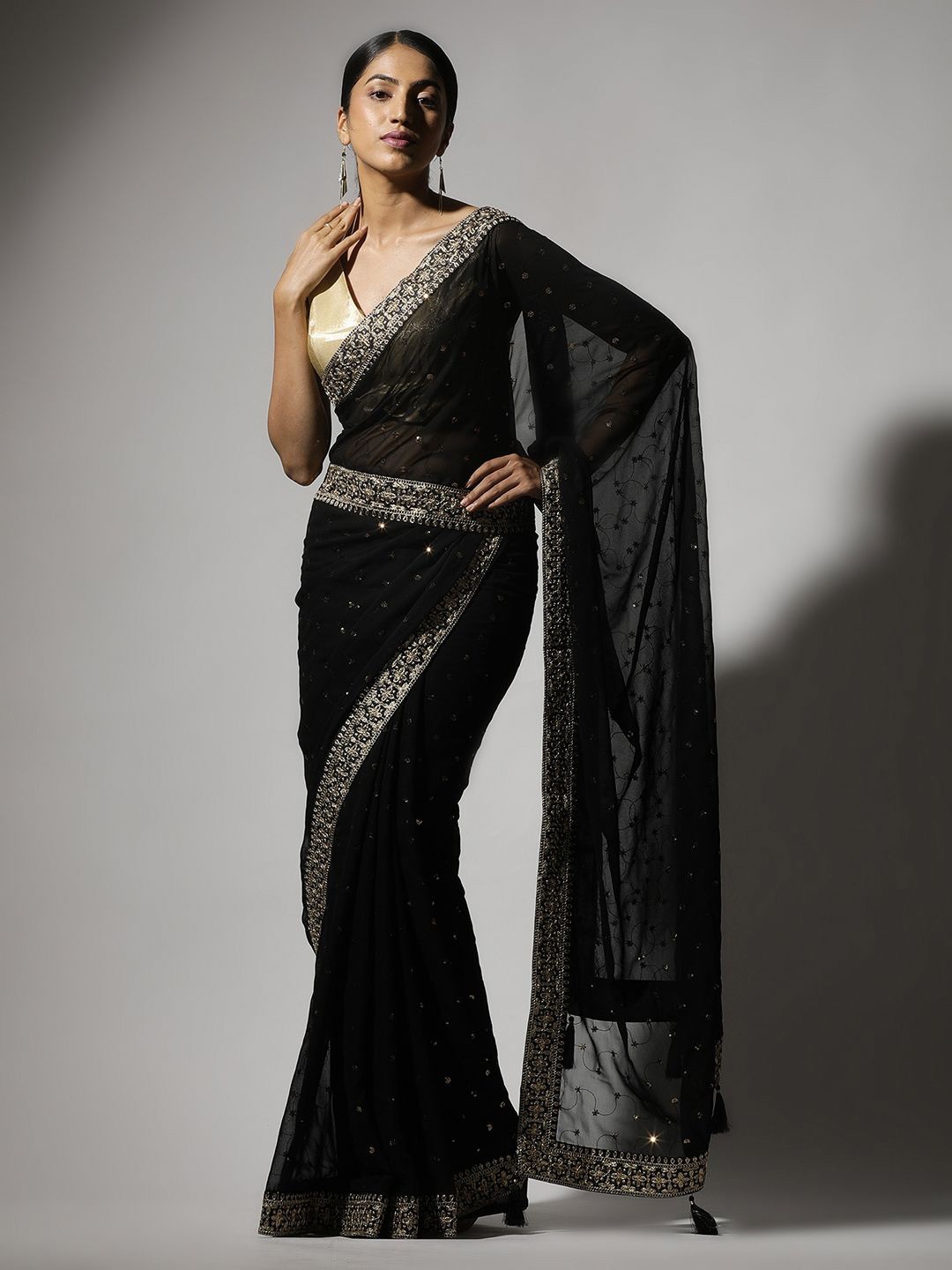 

Qahal Ethnic Motifs Sequinned Pure Georgette Saree, Black