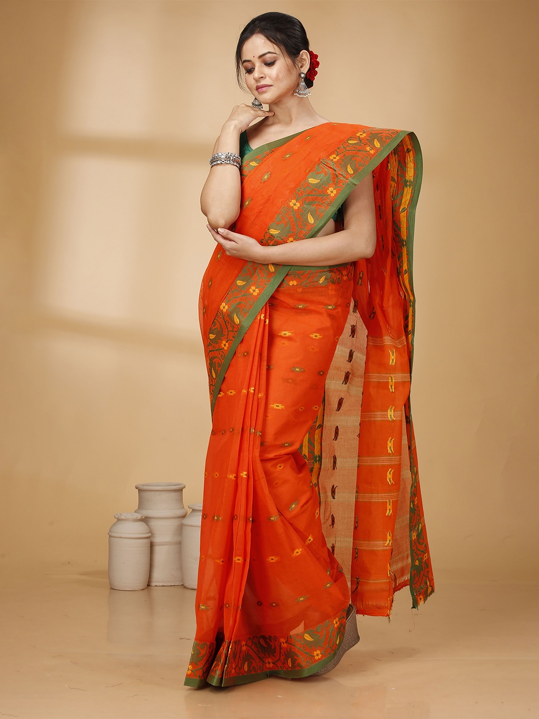 

Ruuprekha Pure Cotton Ethnic Motifs Taant saree, Orange