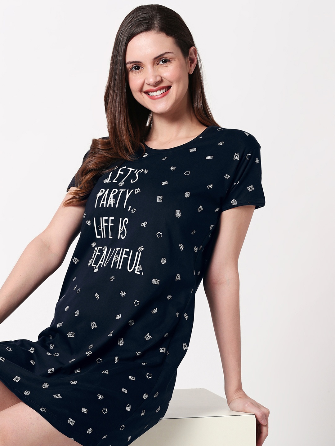 

Zeyo Conversational Printed Pure Cotton Nightdress, Navy blue
