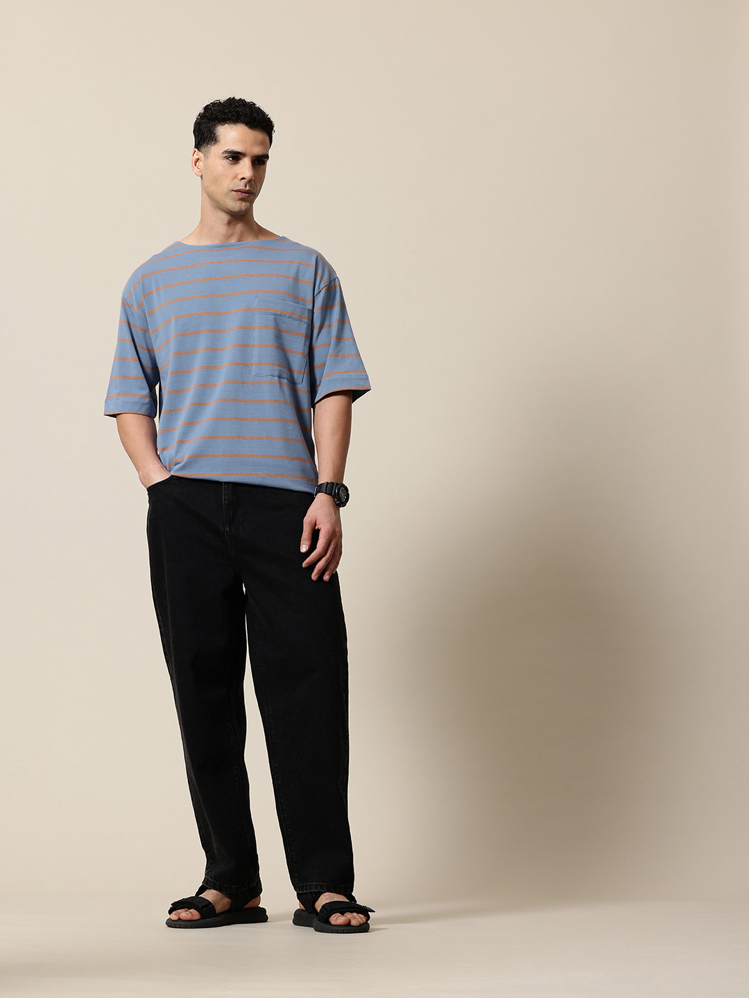 

Mr Bowerbird Striped Drop-Shoulder Sleeves Oversized Pockets T-shirt, Blue