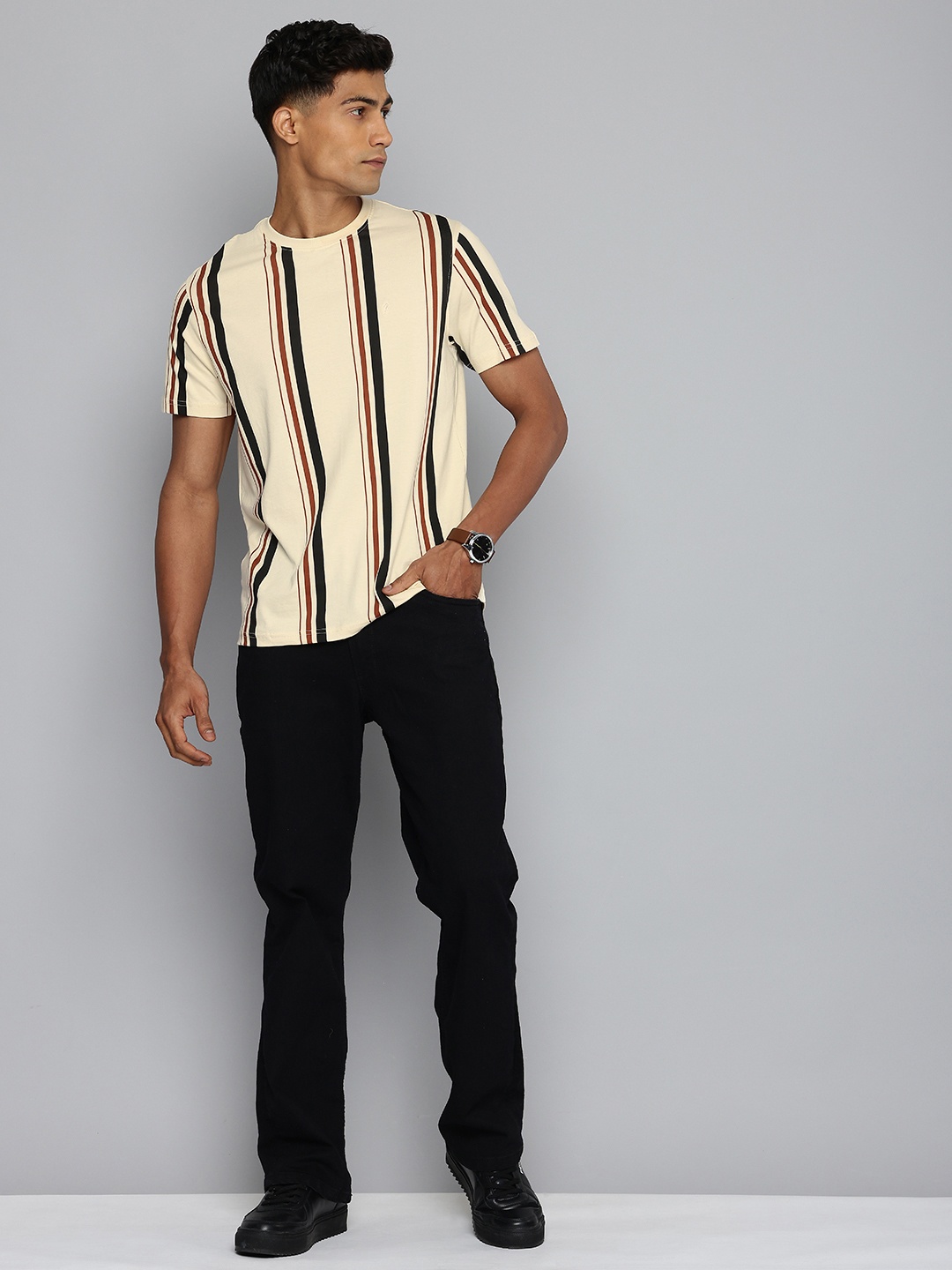 

Indian Terrain Striped Pure Cotton T-shirt, Cream