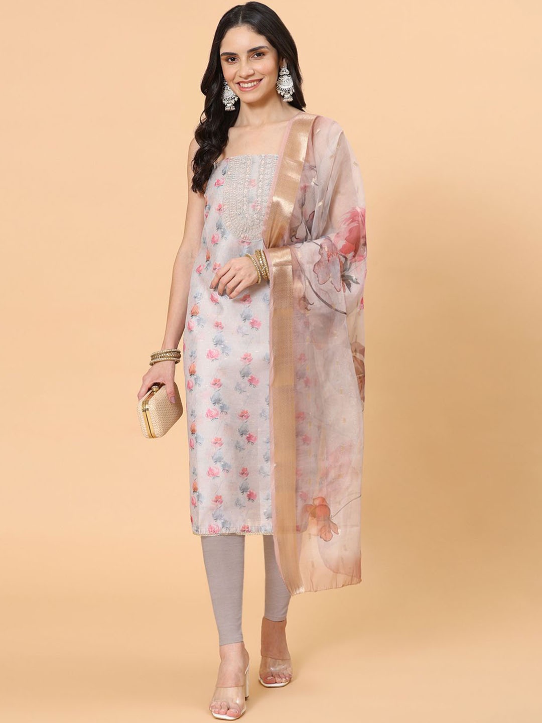 

Meena Bazaar Floral Printed Sequinned Unstitched Dress Material, Grey