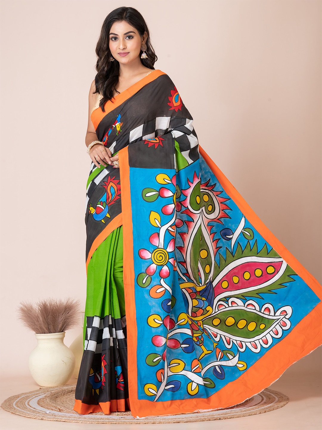 

Laa Calcutta Kalamkari Pure Cotton Saree, Black
