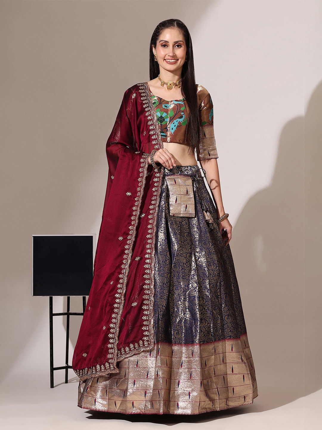 

Fabcartz Semi-Stitched Lehenga & Unstitched Blouse With Dupatta, Navy blue