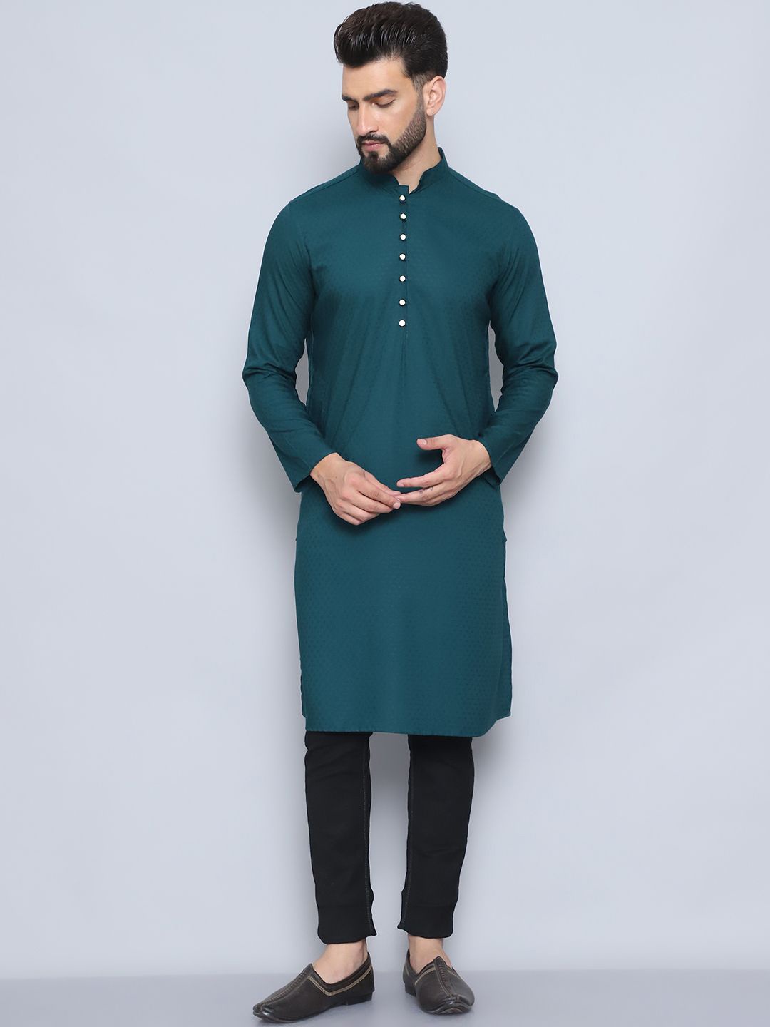 

even Geometric Woven Design Mandarin Collar Straight Kurta, Green