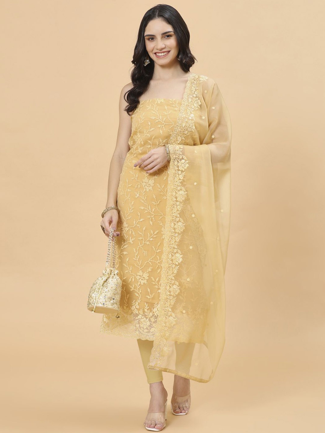 

Meena Bazaar Floral Embroidered Unstitched Dress Material, Mustard
