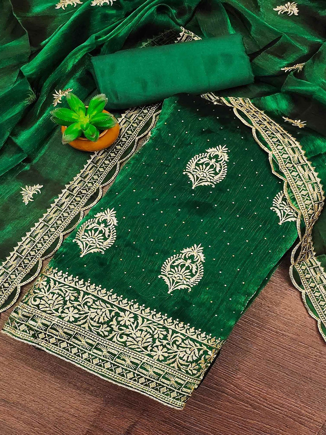 

Peachmode Beads & Stones Unstitched Dress Material, Green