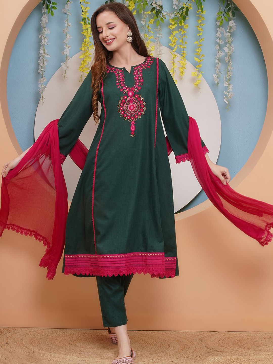 

Bhama Couture Floral Embroidered A-Line Kurta With Palazzos & Dupatta, Green