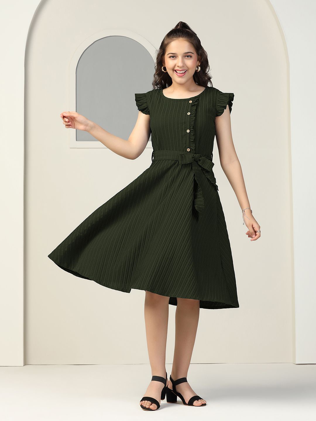 

OMPAX Flutter Sleeve A-Line Dress, Olive