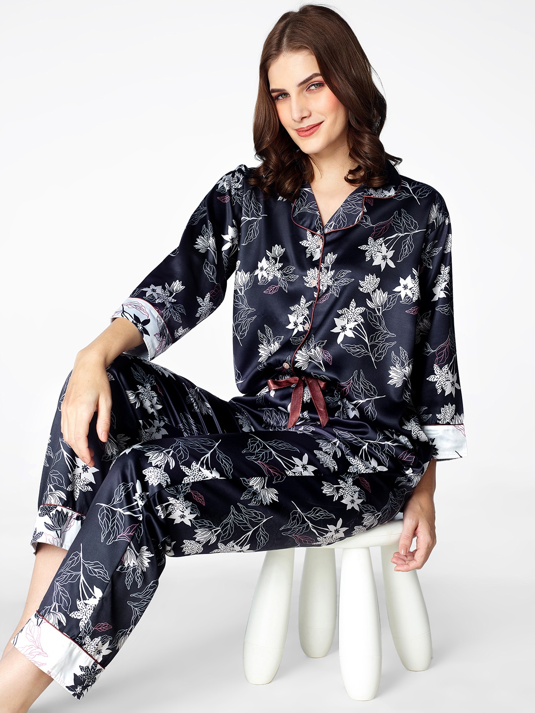 

Zeyo Women Floral Printed Satin Night Suit, Navy blue