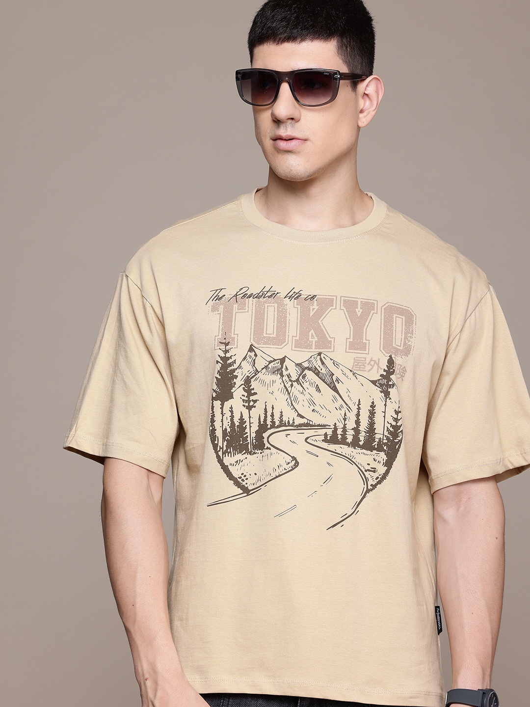

The Roadster Lifestyle Co. Printed Drop-Shoulder Sleeves Pure Cotton T-shirt, Beige