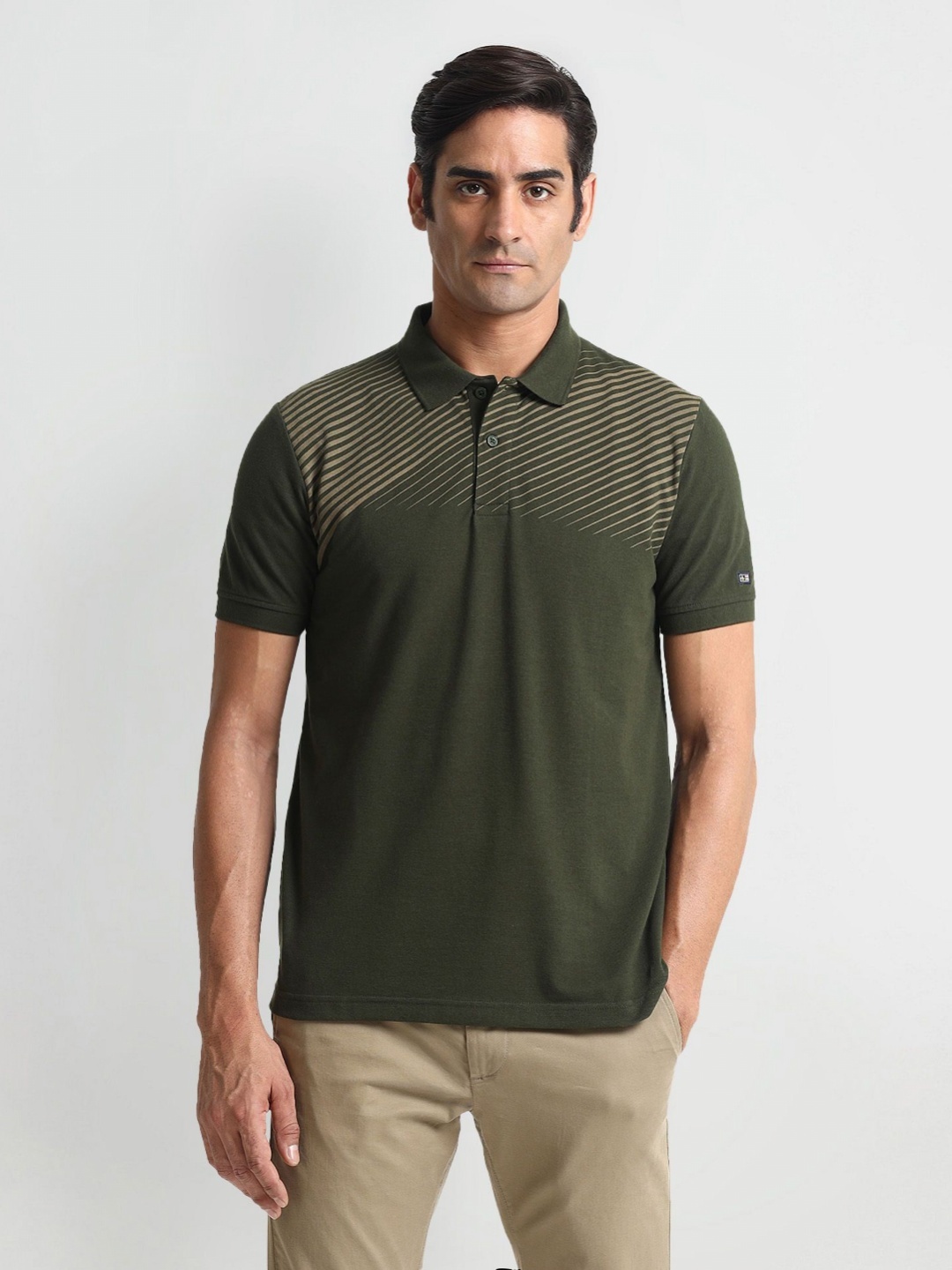 

Arrow Sport Men Striped Polo Collar Cotton T-Shirt, Green