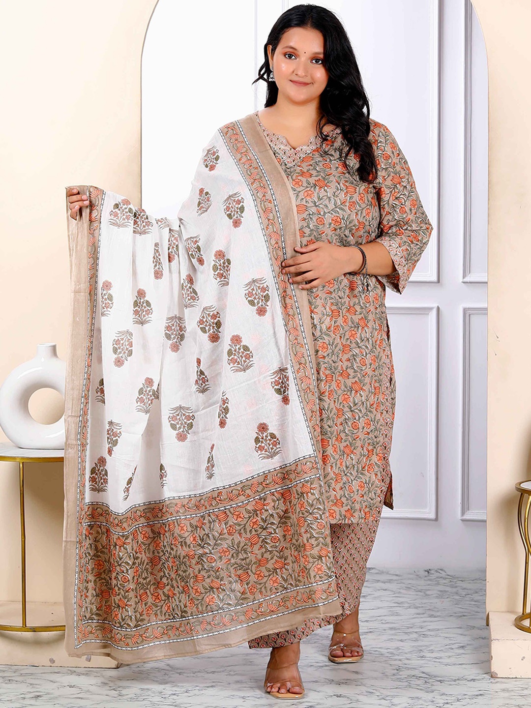 

MIRAVAN Plus Size Floral Printed Gotta Patti Pure Cotton Kurta With Palazzo & With Dupatta, Brown