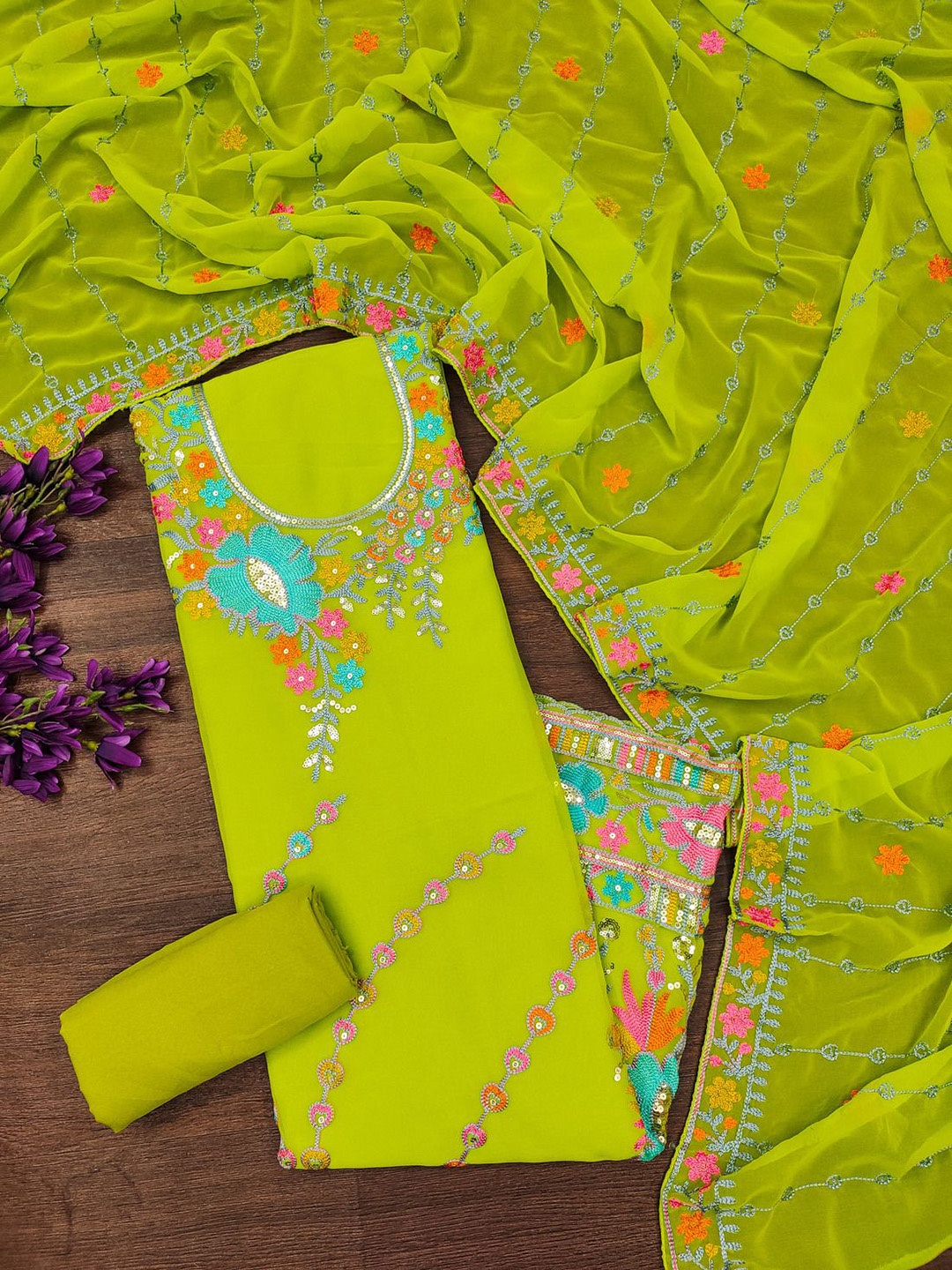 

APNISHA Floral Embroidered Silk Georgette Unstitched Dress Material, Lime green