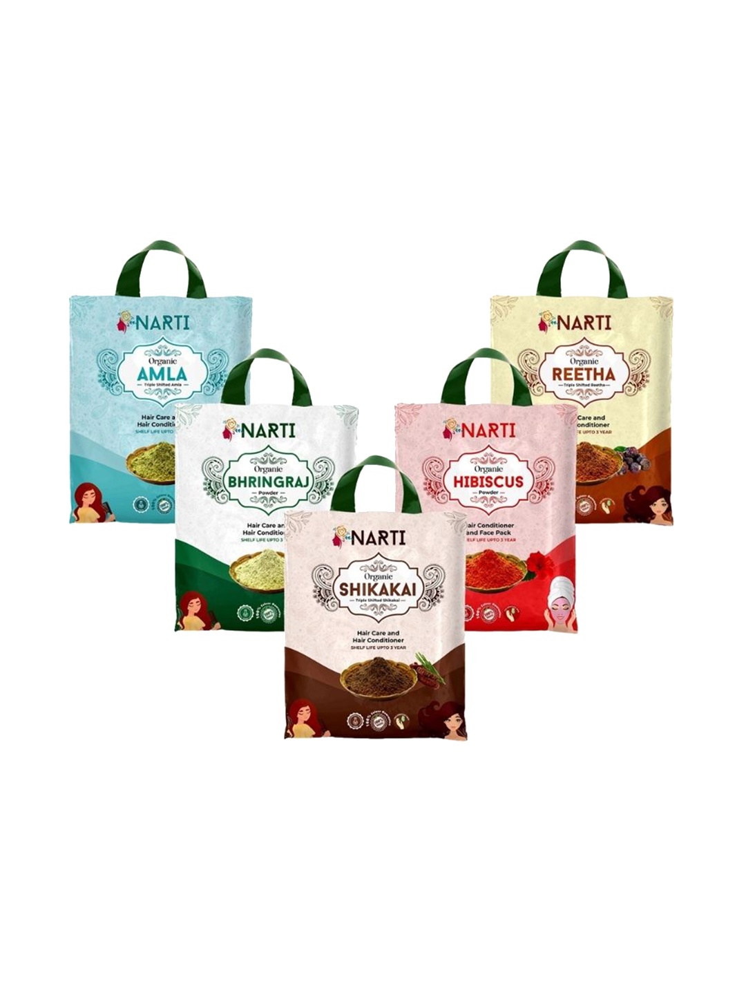 

Narti Organic Amla shikakai Reetha Hibiscus & Bhringraj Powder- 500gm Each., Brown