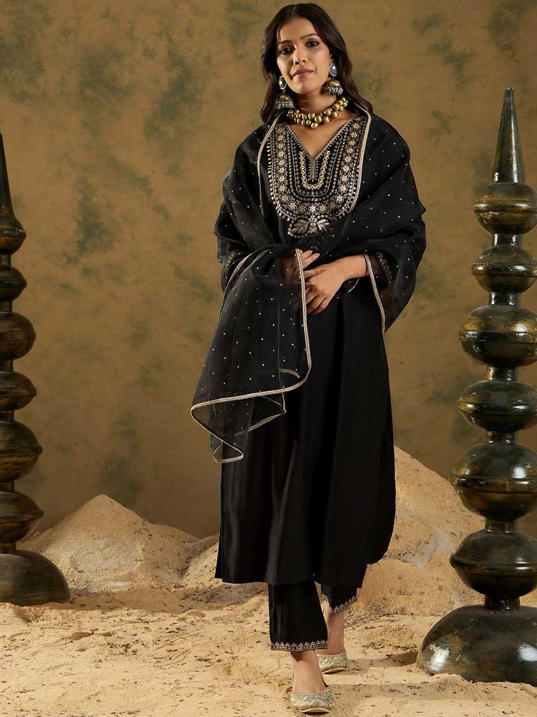 

Indo Era Women Ethnic Motifs Embroidered Regular Thread Work Liva Kurta with Trousers & With Dupatta, Black