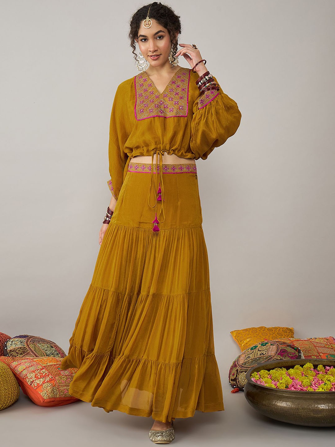 

STADO Embroidered Organic Cotton Crop Top With Tiered Maxi Skirt, Mustard