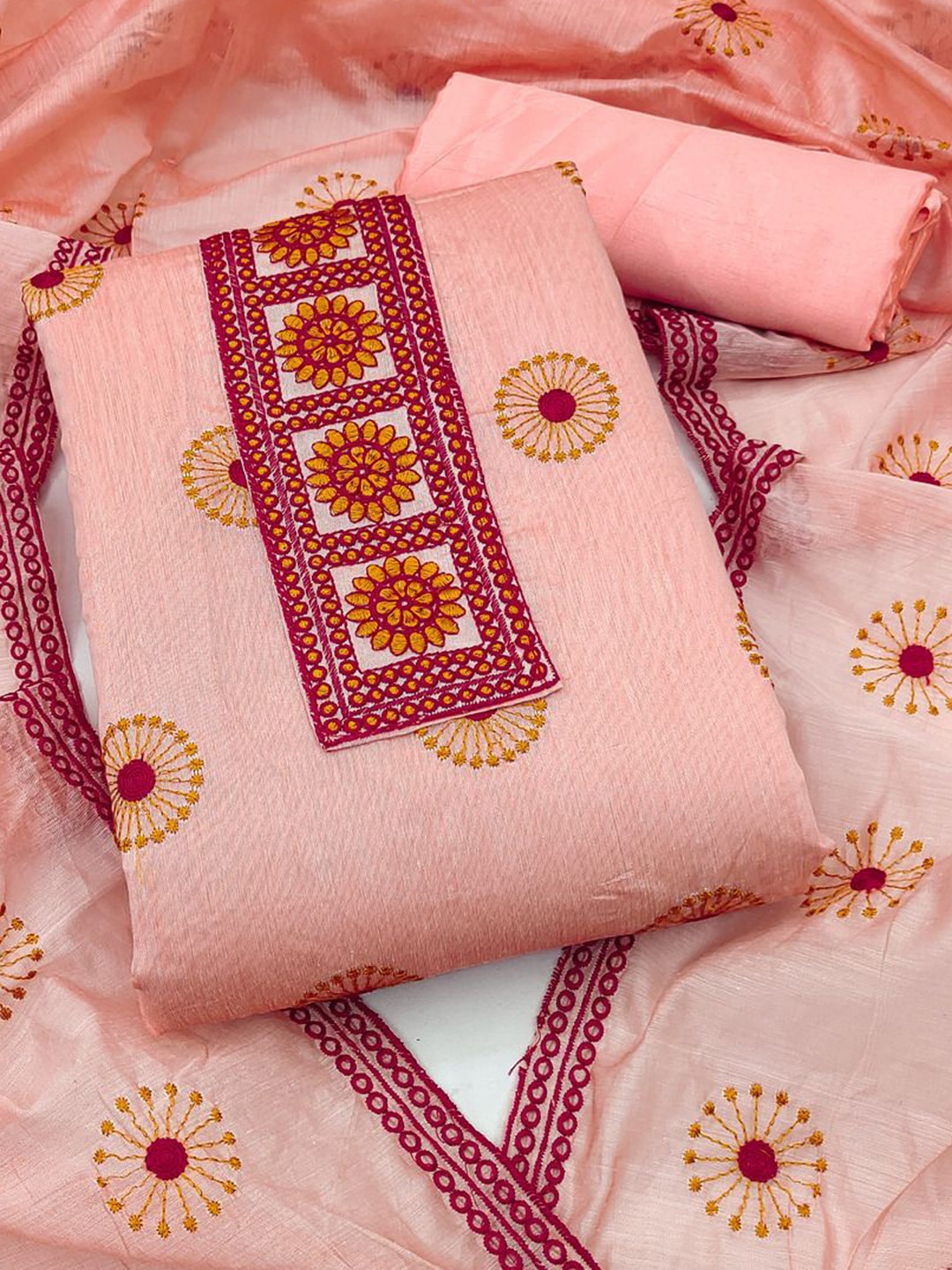 

APNISHA Ethnic Motifs Embroidered Unstitched Dress Material, Orange