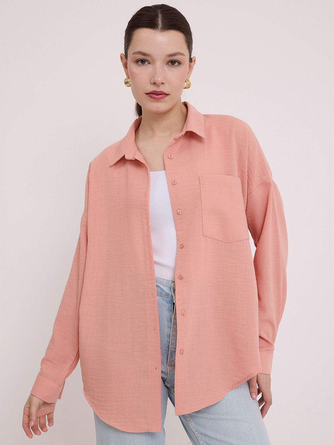 

BIGDART Women Spread Collar Solid Casual Shirt, Peach