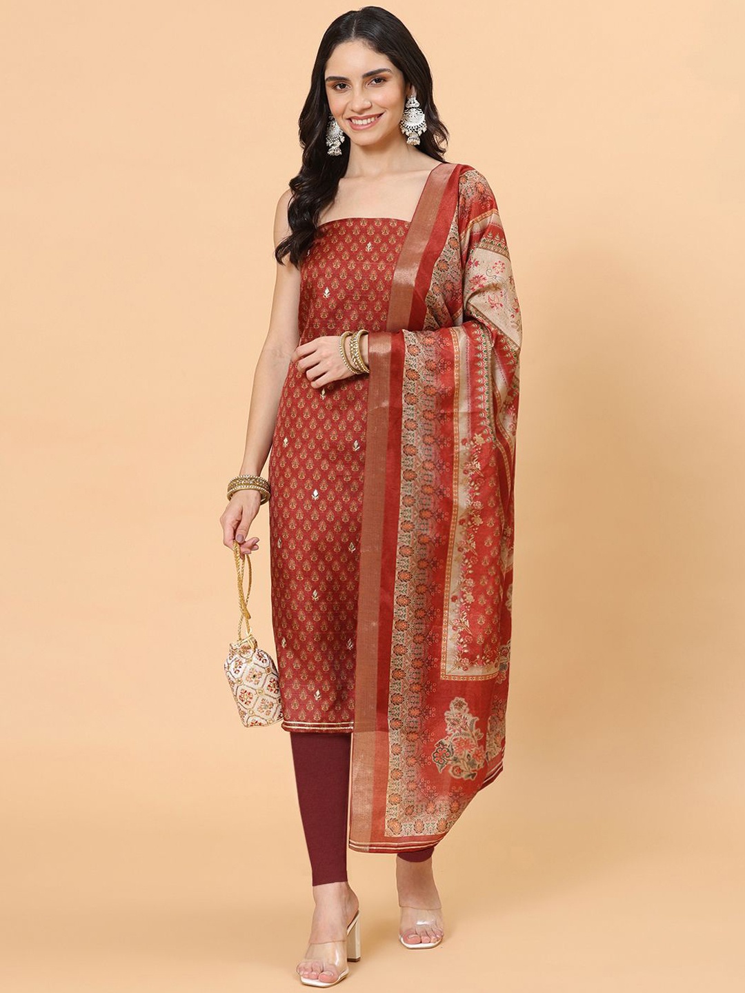 

Meena Bazaar Ethnic Motifs Printed Unstitched Dress Material, Maroon