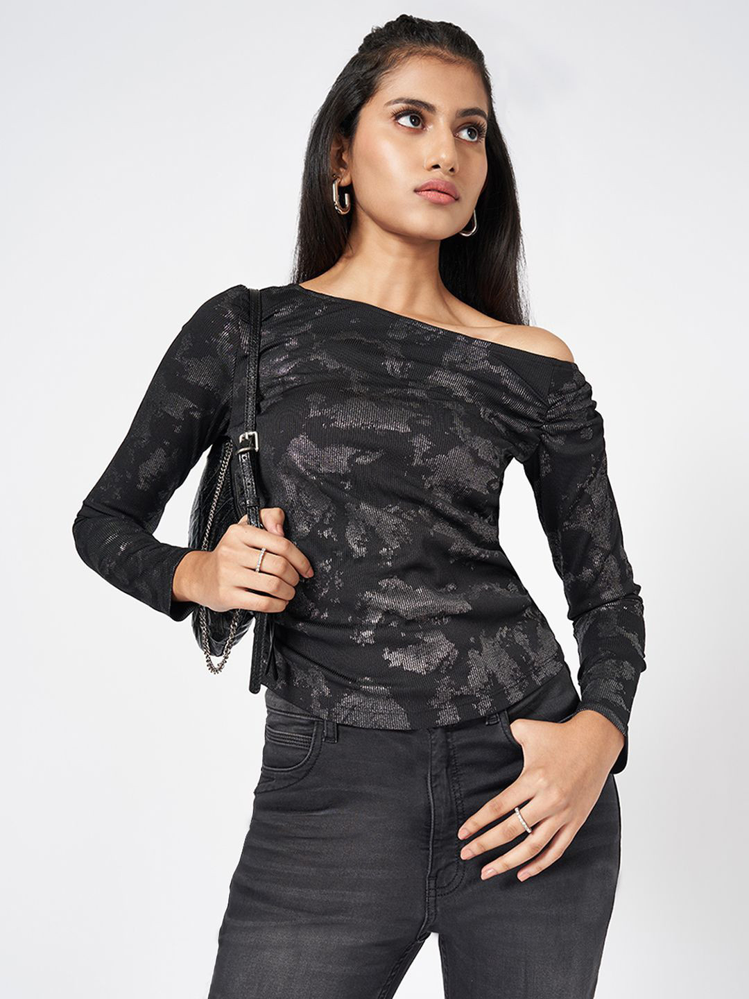 

SF JEANS by Pantaloons One Shoulder Cotton Top, Black