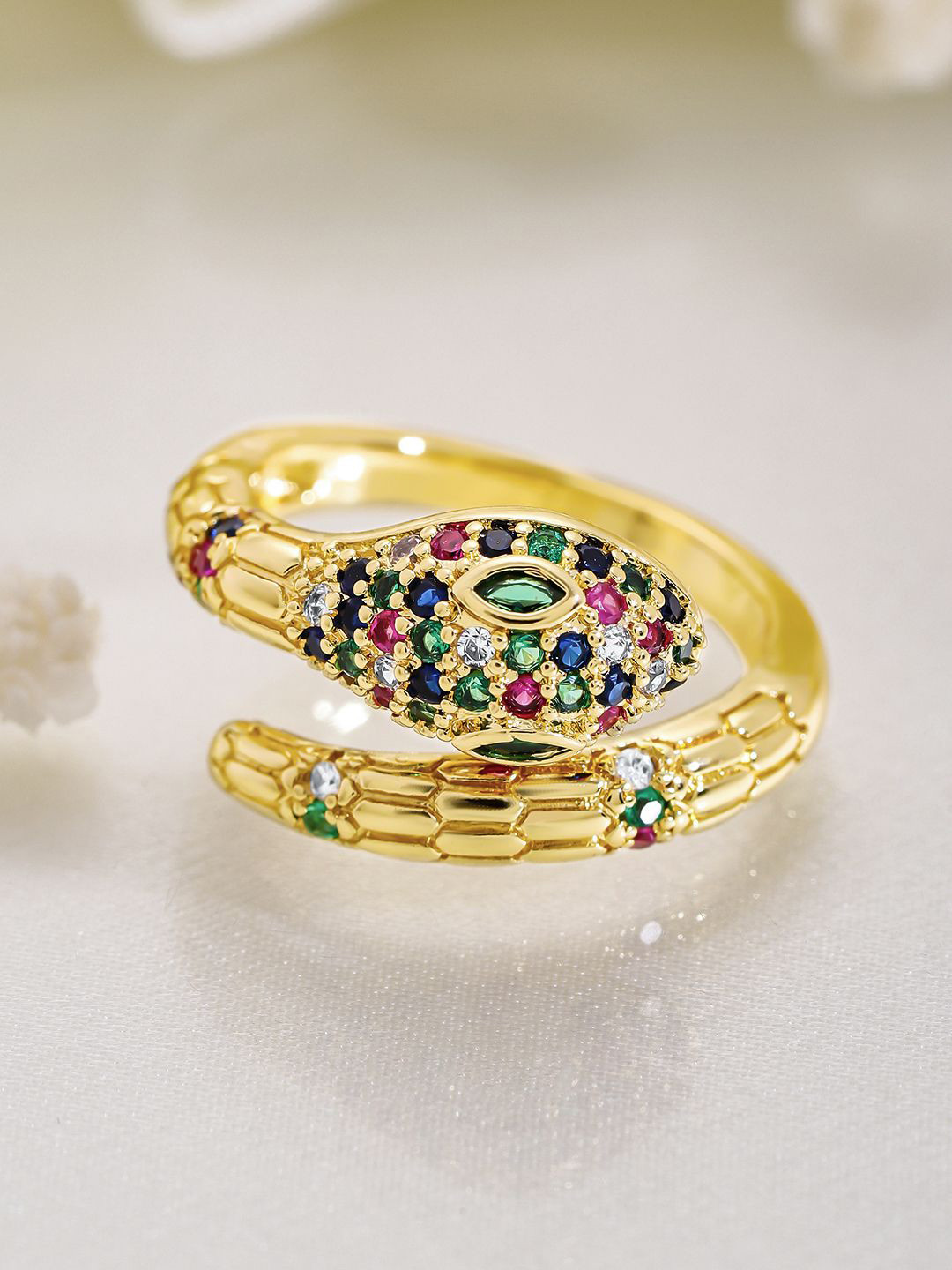 

Rubans 22K Gold Plated Cubic Zirconia-Studded Adjustable Finger Ring