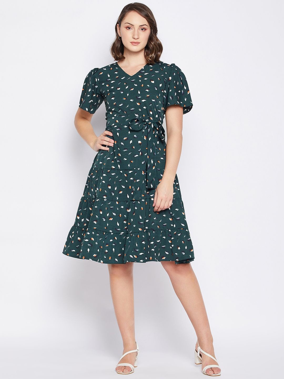 

Murcia Women Floral Print Puff Sleeve Crepe Fit & Flare Dress, Green