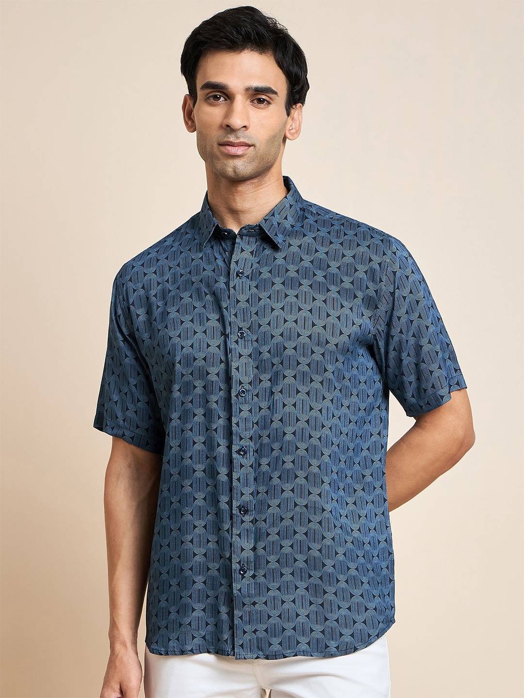 

HERE&NOW Men Classic Spread Collar Conversational Printed Party Shirt, Blue