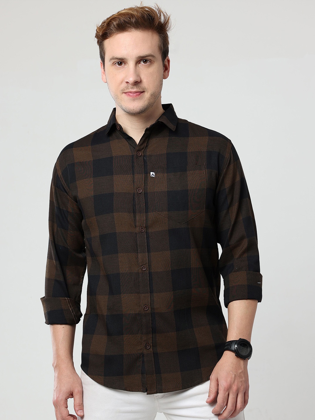 

ALLWIN PAUL Men Comfort Cutaway Collar Buffalo Checked Cotton Casual Shirt, Brown